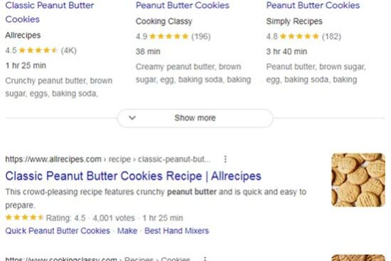 食谱的 Google 丰富搜索结果的屏幕截图