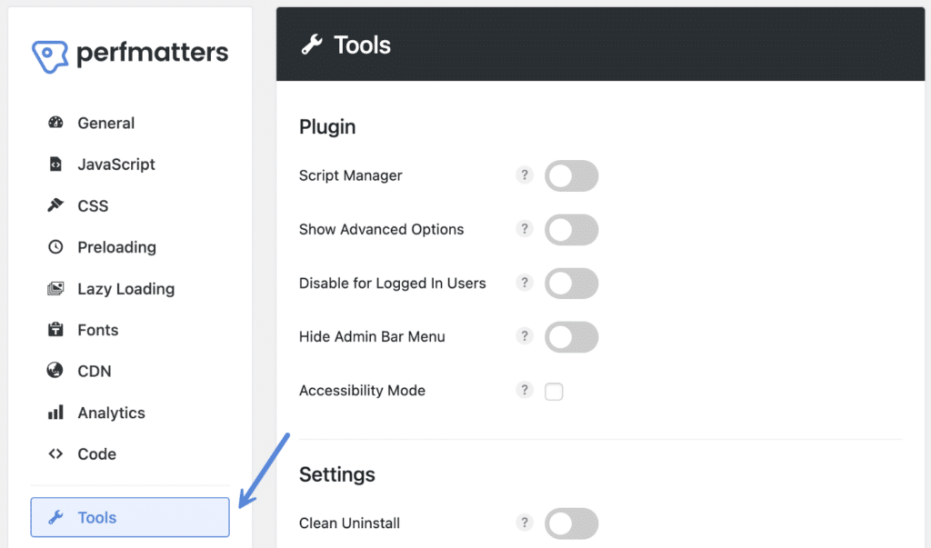 Perfmatters 工具菜单